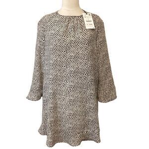 NWT Zara Women's Black Mix Printed Tunic Mini Dress Fluted Sleeve M